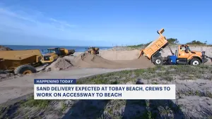 Sand delivered to Tobay Beach, crews work on opening access to the beach