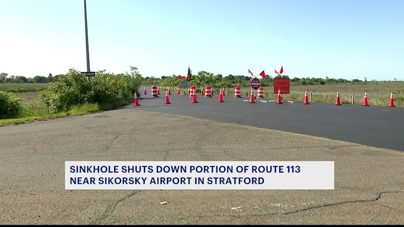 Story image: Sinkhole closes part of Route 113 in Stratford near Sikorsky Airport