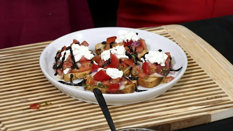 Story image: What's Cooking: Uncle Giuseppe's Marketplace's Tomato bruschetta on garlic toast