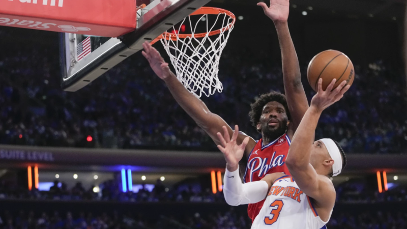 Story image: Knicks beat 76ers 111-104 in Game 1 of playoffs. Brunson and Hart score 22 points and backups star