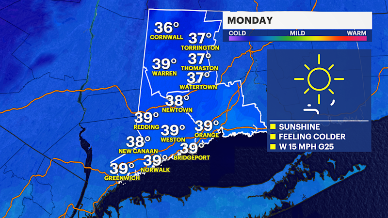 Story image: Windy and milder Monday in Connecticut; snow squall possible Tuesday