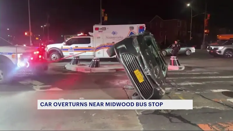 Story image: Citizen app video captures police efforts to upright overturned car in Midwood
