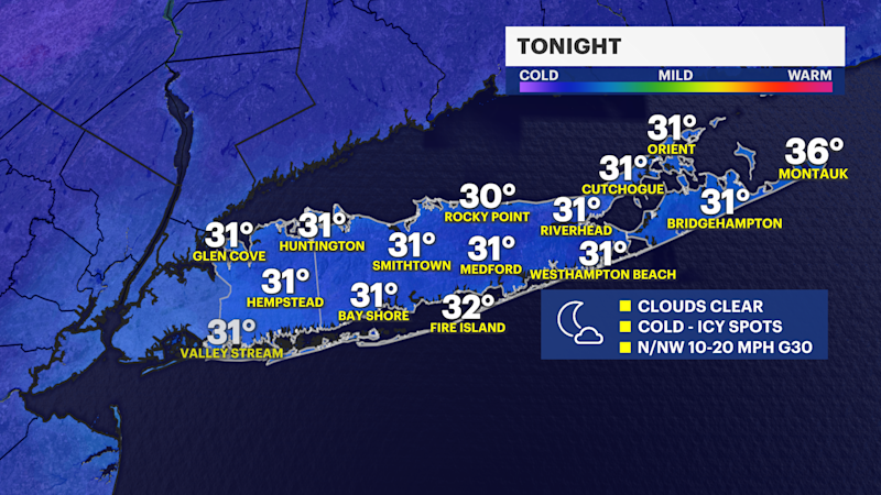 Story image: Heavy rain tapers on Long Island; icy spots Wednesday morning