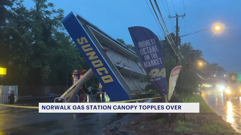 Story image: Storm damage: Canopy of Norwalk gas station topples over on Main Avenue