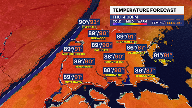 Story image: HEAT ALERT: Feel-like temps in the 90s today, record-breaking heat possible Friday in The Bronx