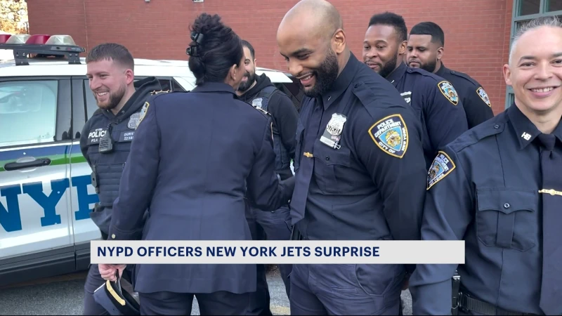 Story image: Picture day turns into a Jets surprise for NYPD officers in Melrose