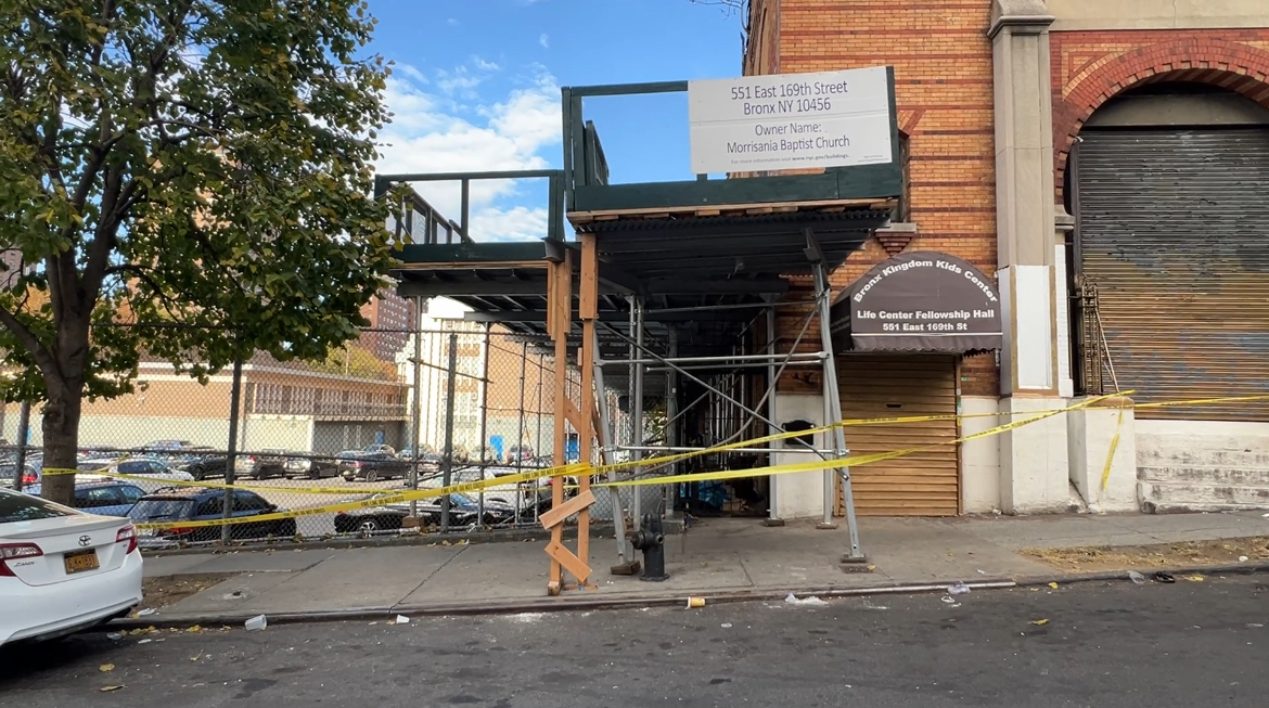 Morrisania sidewalk shed damaged, causing safety hazard