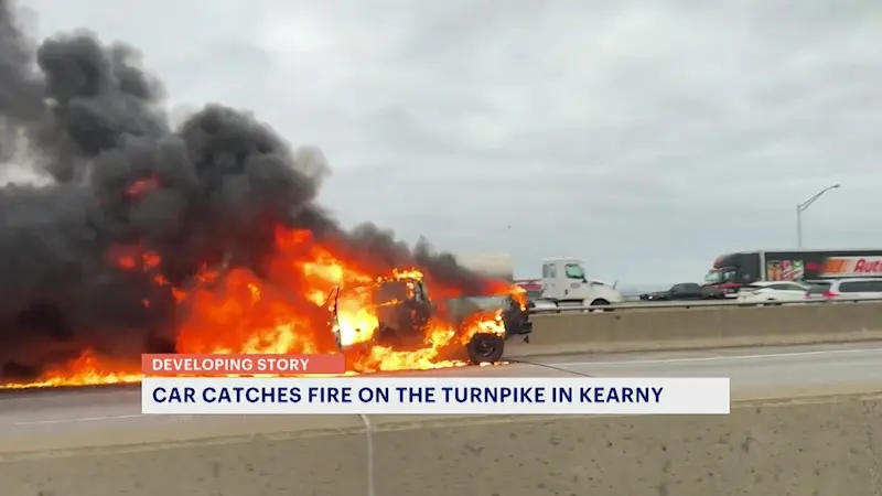 Story image: VIDEO: Flames engulf pickup truck on New Jersey Turnpike in Kearny
