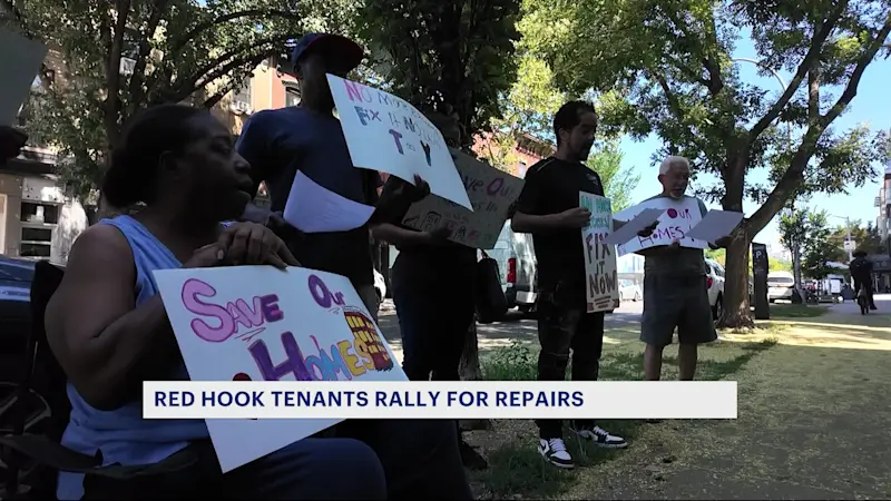 Story image: Tenants living at Red Hook Gardens rally outside management office to demand repairs
