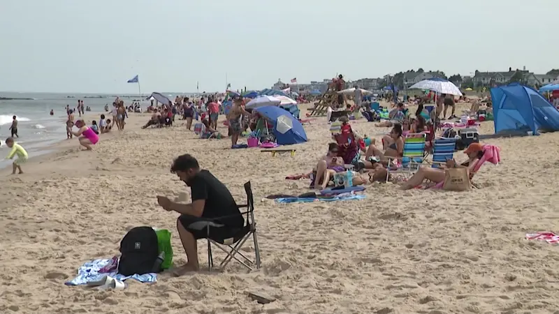 Story image: Crowds flock to the shore for a busy start to summer, despite the extreme heat warning