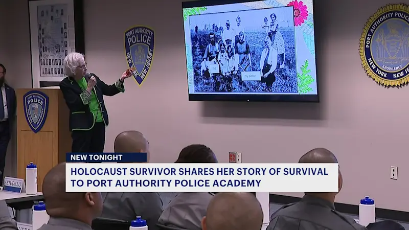 Story image: Port Authority police recruits hear from a Holocaust survivor