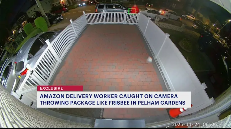 Story image: Caught on camera: Amazon worker tosses package like frisbee during Bronx delivery