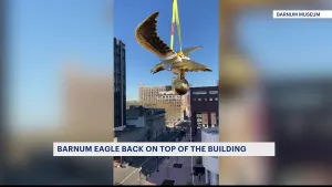 Restored Barnum Museum eagle placed back on dome 