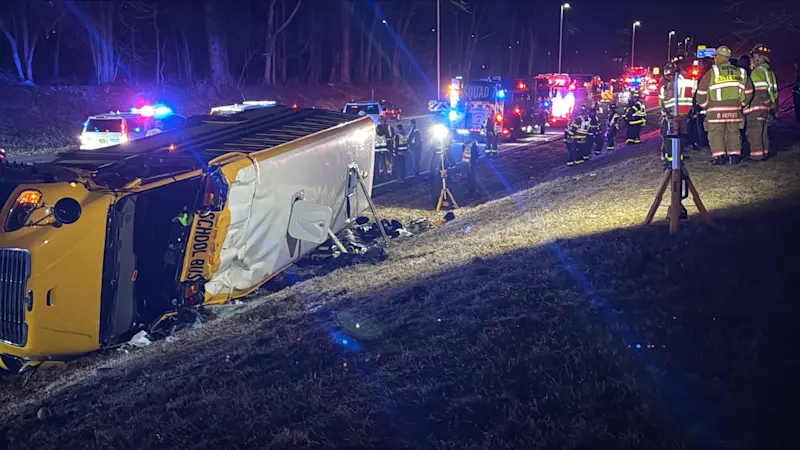 Story image: School bus overturns on Garden State Parkway in Montvale; 15 injured, including 14 children