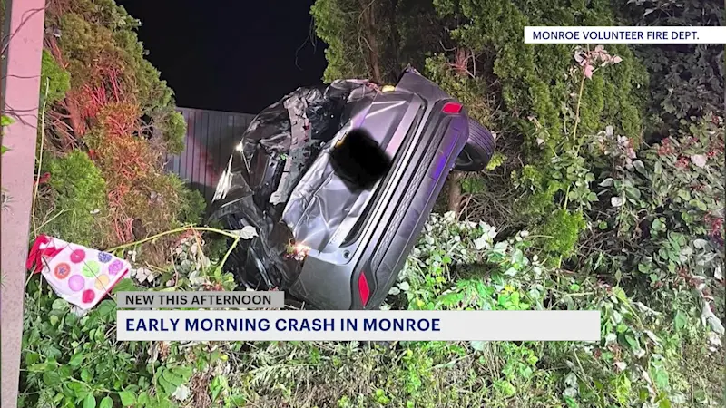Story image: Monroe FD:  Driver plows through rotary, crashes near St. Jude Church