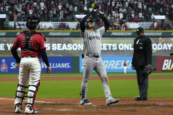 Story image: Juan Soto's 3-run homer in 10th sends Yankees past Guardians 5-2 and into World Series for 41st time