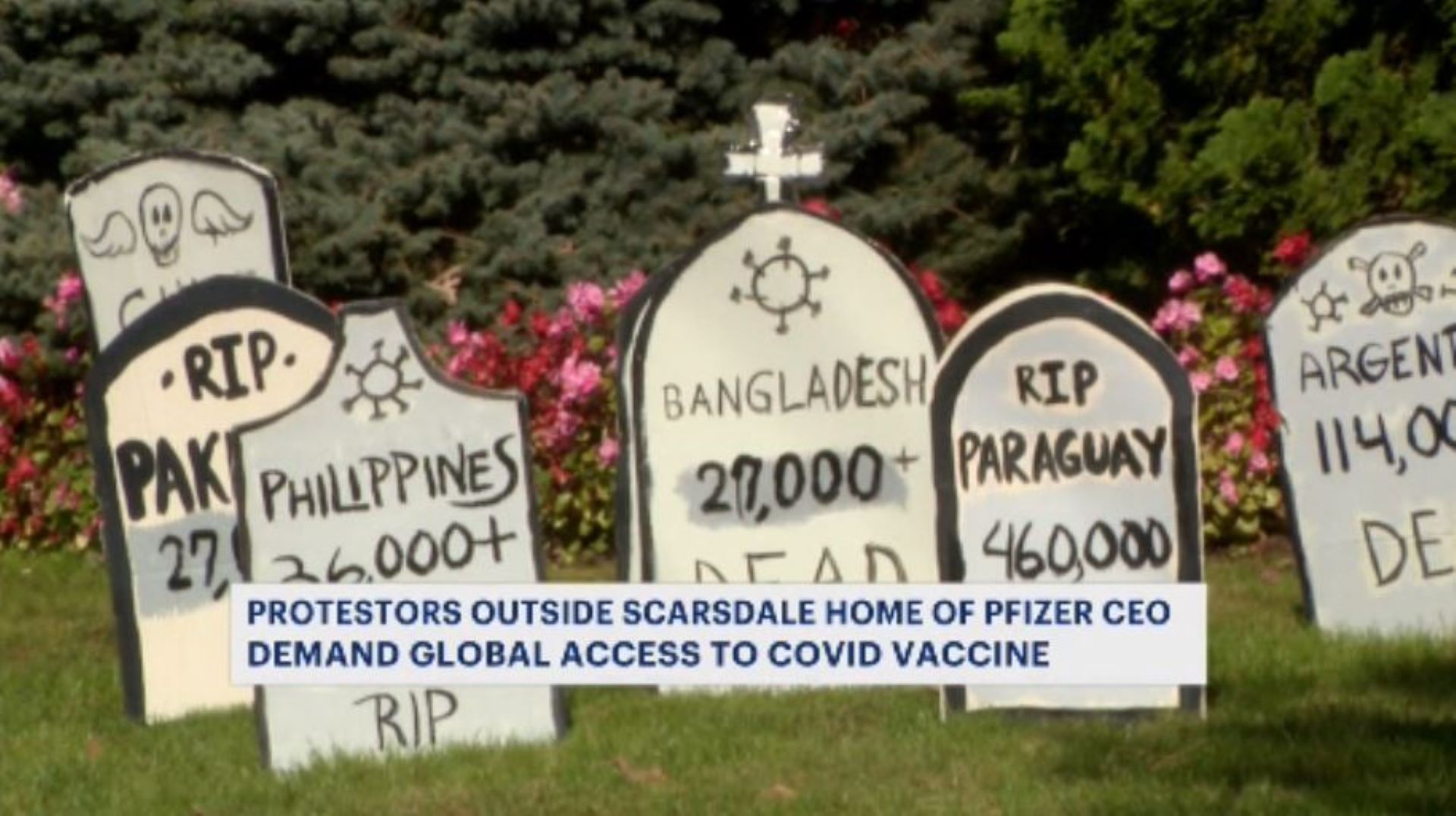 Protesters stage 'funeral' on lawn of Pfizer CEO's former home in Scarsdale