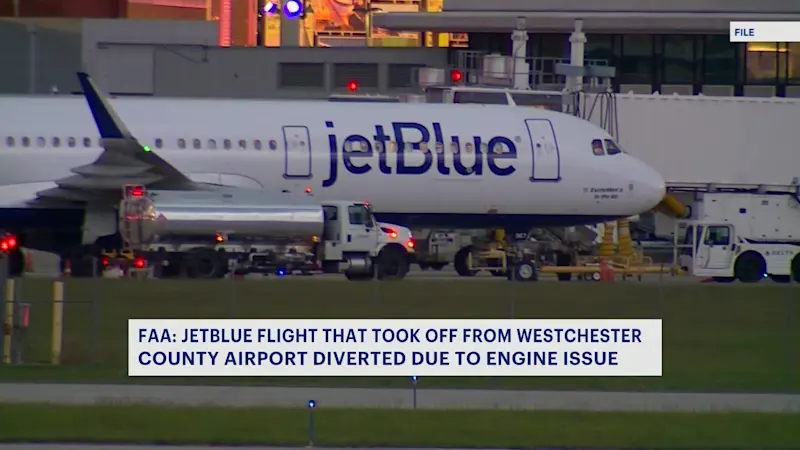 Story image: FAA: JetBlue flight that took off from Westchester County Airport diverted due to engine issue