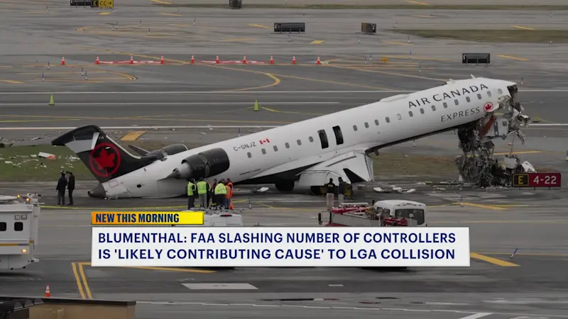 Story image: Sen. Blumenthal says FAA staffing cuts may have contributed to deadly plane collision at LaGuardia
