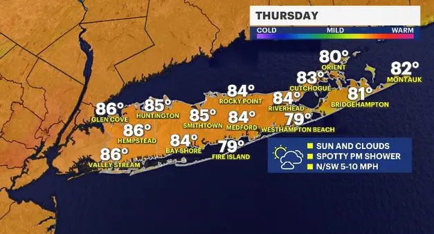 Story image: Chance for spotty showers Thursday ahead of sunny, humid Friday