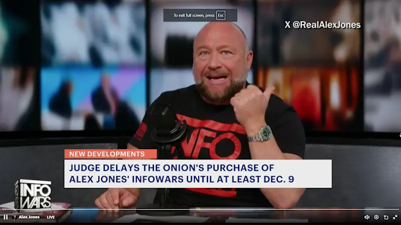 Story image: Judge in Alex Jones’ bankruptcy case orders new hearing on The Onion’s bid for Infowars