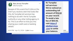 New Jersey Turnpike Authority warns users of text message scam