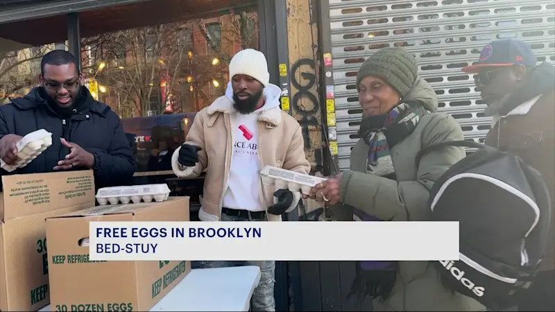 Story image: A free egg giveaway had dozens of people scrambling to line up outside a Bed-Stuy business Friday