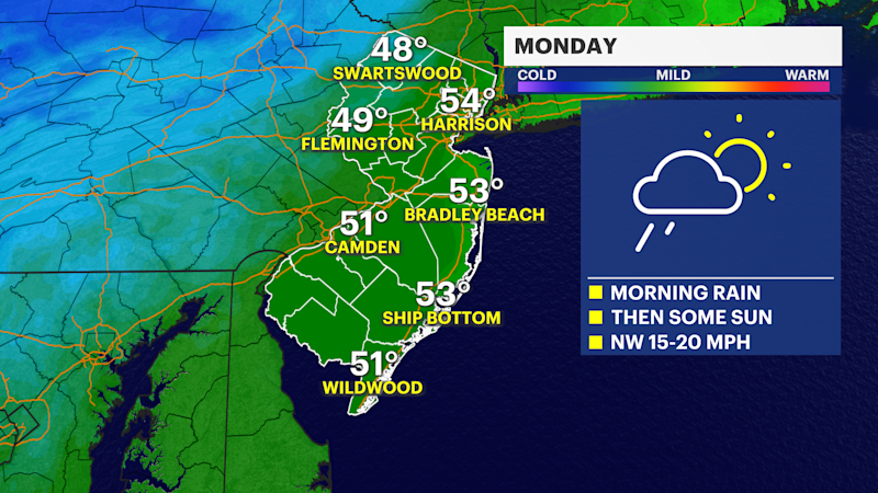 Story image: Morning showers exit before sunny and breezy Monday afternoon in New Jersey
