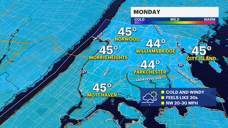 Story image: Gusty overnight ahead of cold Monday morning in The Bronx