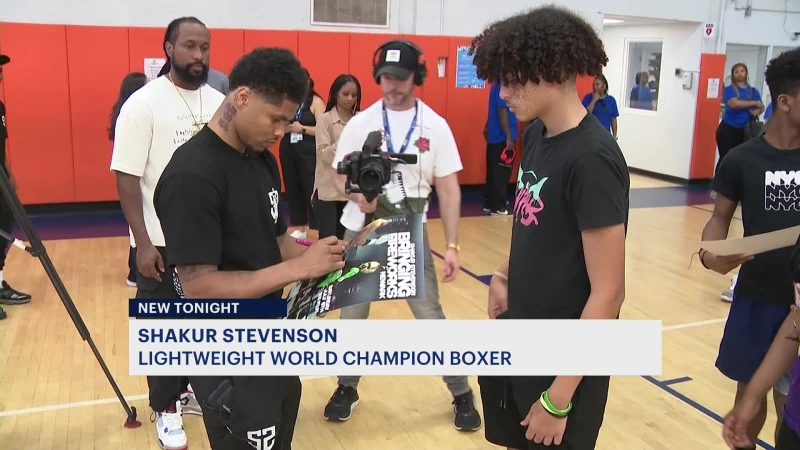 Story image: Champion boxer Shakur Stevenson meets with kids at Newark Boys & Girls Club