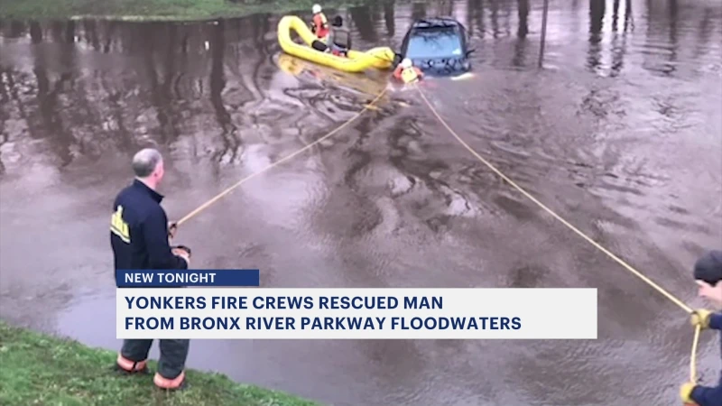 Story image: Yonkers fire crews rescued man Saturday from Bronx River Parkway floodwaters