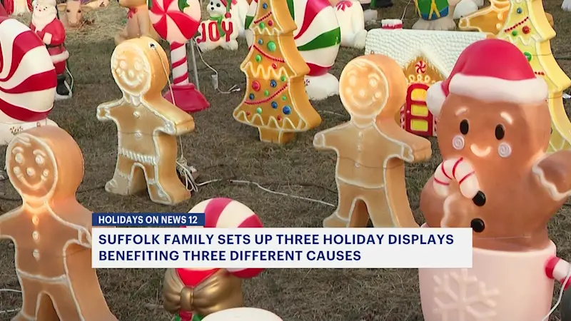 Story image: Holidays on News 12: Suffolk family lights 3 houses for charities 