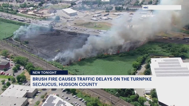 Story image: Brushfire along New Jersey Turnpike in Secaucus snarls traffic, causes NJ Transit delays