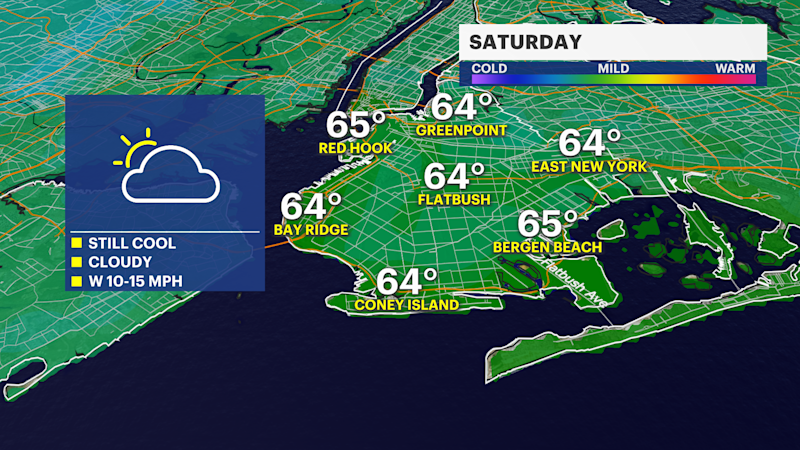 Story image: Cool, cloudy with stray shower chance Saturday for Brooklyn