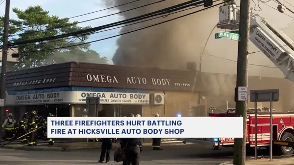 3 firefighters hurt battling blaze at Hicksville auto body shop