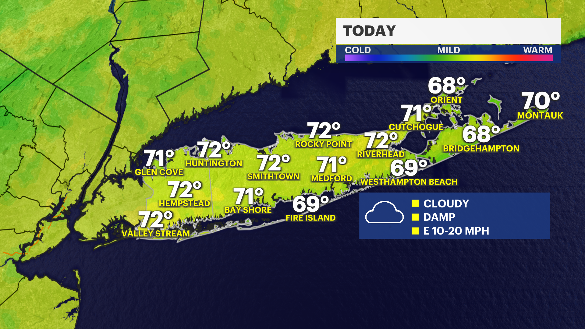 Cloudy, light rain Saturday on Long Island