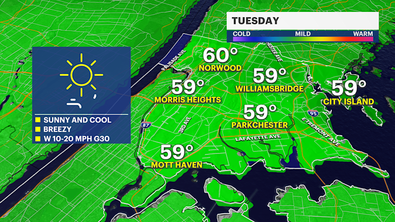 Story image: Brisk and breezy Tuesday in The Bronx ahead of mostly dry week