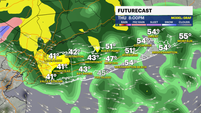 Story image: Showers return Friday afternoon across LI ahead of a chilly start to the weekend