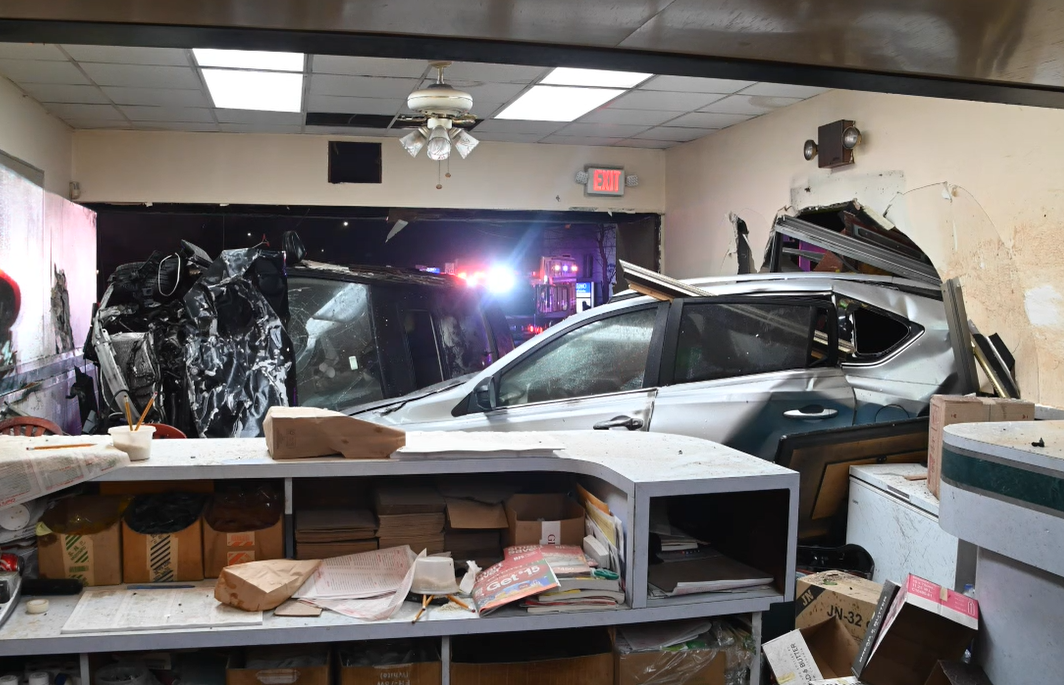 Violent crash into parked car, Farmingdale restaurant caught on camera