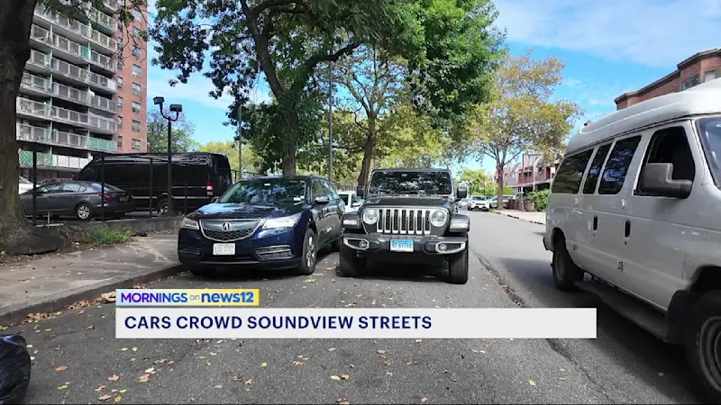 Story image: Soundview streets filled with double-parked cars, cars on the sidewalk
