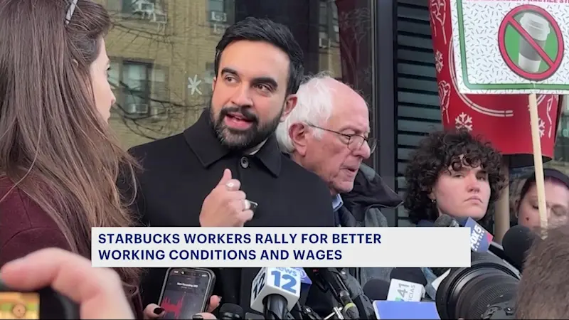 Story image: Starbucks workers, New Yorkers, Mayor-elect Zhoran Mamdani rally at Park Slope Starbucks
