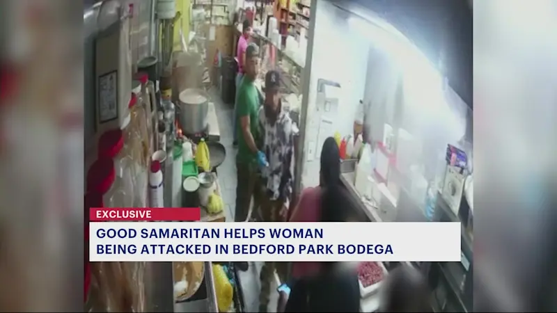 Story image: Surveillance video shows man attacking woman inside Bedford Park bodega