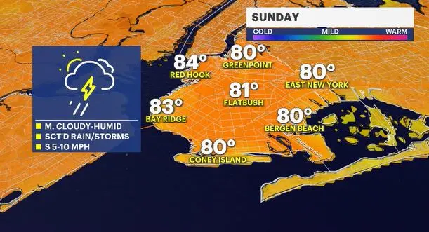 Story image: Humid, isolated storms Sunday in Brooklyn
