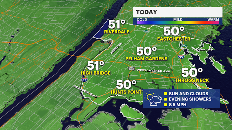 Story image: Cool and rainy today in The Bronx; tracking windy conditions tomorrow
