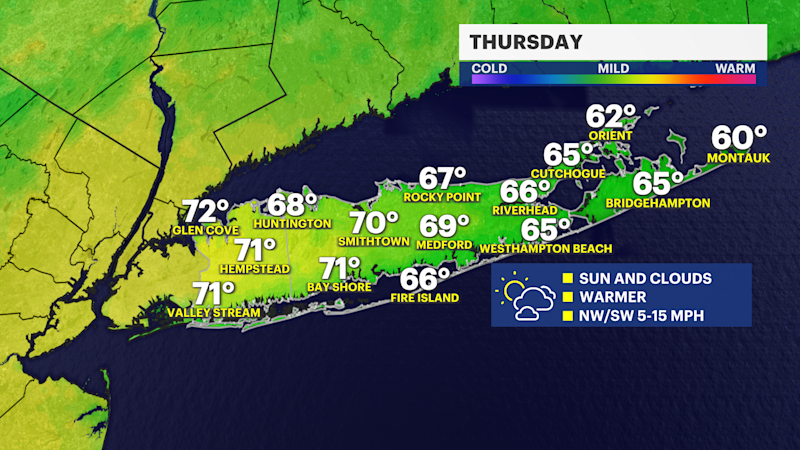 Story image: Briefly much warmer Thursday ahead of a wet start to the weekend on Long Island