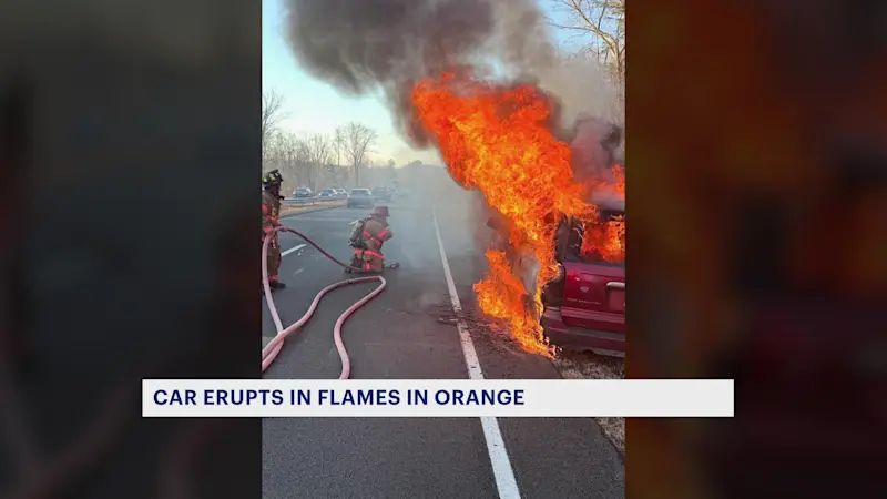 Story image: Fire crews rescue person in car fire on Route 15 in Orange