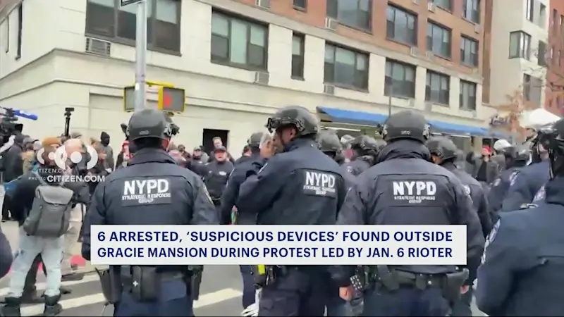 Story image: 6 arrested, ‘suspicious devices’ found outside Gracie Mansion during protest led by pardoned Jan. 6 rioter
