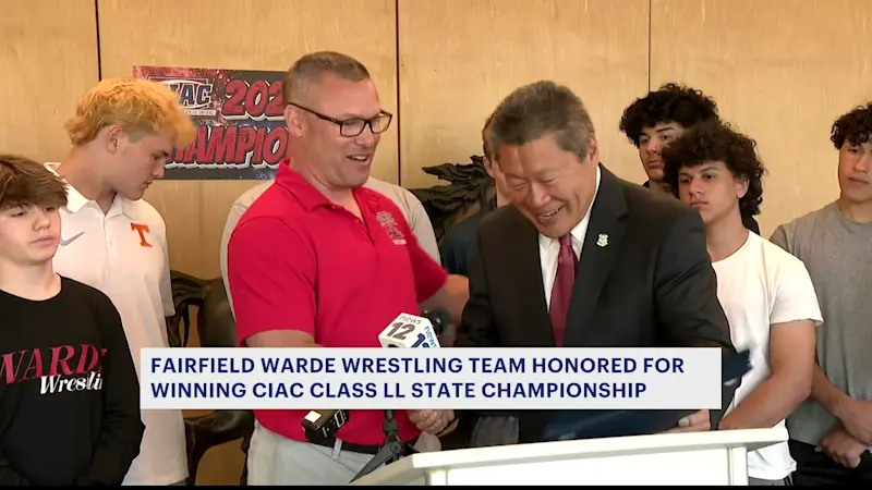 Story image: Fairfield Warde wrestling team honored for winning consecutive CIAC Class LL State Championship 