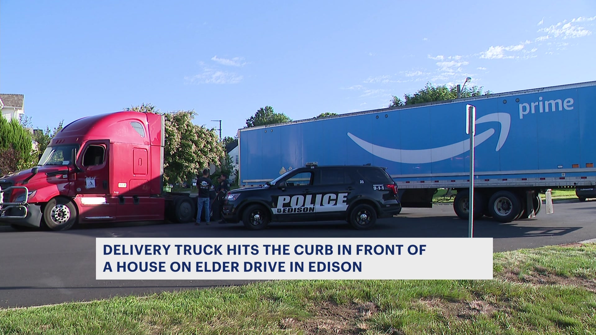 Amazon truck hits curb, damages lawn in Edison