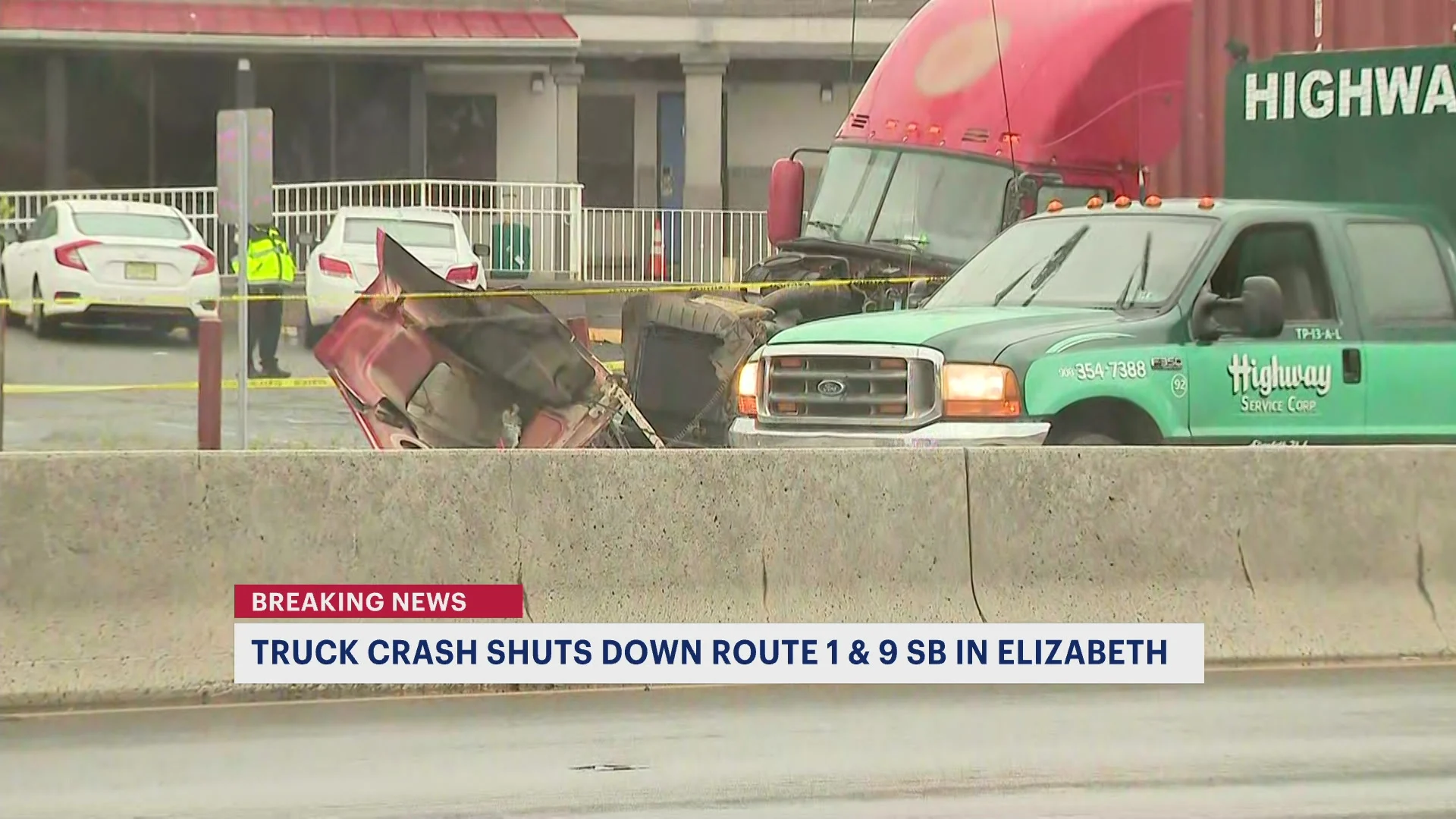 Truck crash, fuel spill shuts down portion of southbound Route 1&9 in Elizabeth